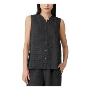 Eileen Fisher Organic Linen Sleeveless Button Up Shirt S Mandarin Collar
